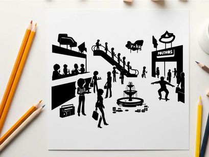 Silhouette of people in a shopping mall with fountain