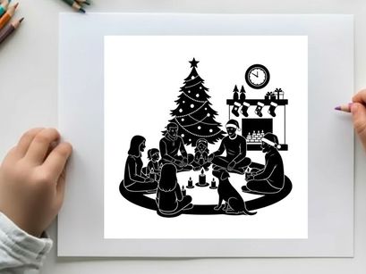 Family in silhouette celebrating around christmas tree by fireplace