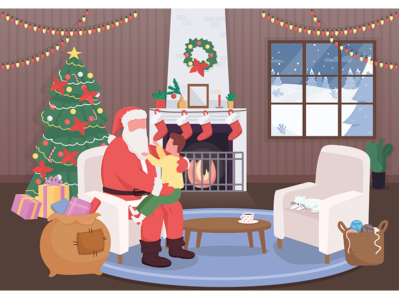 Santa Claus greet kid flat color vector illustration
