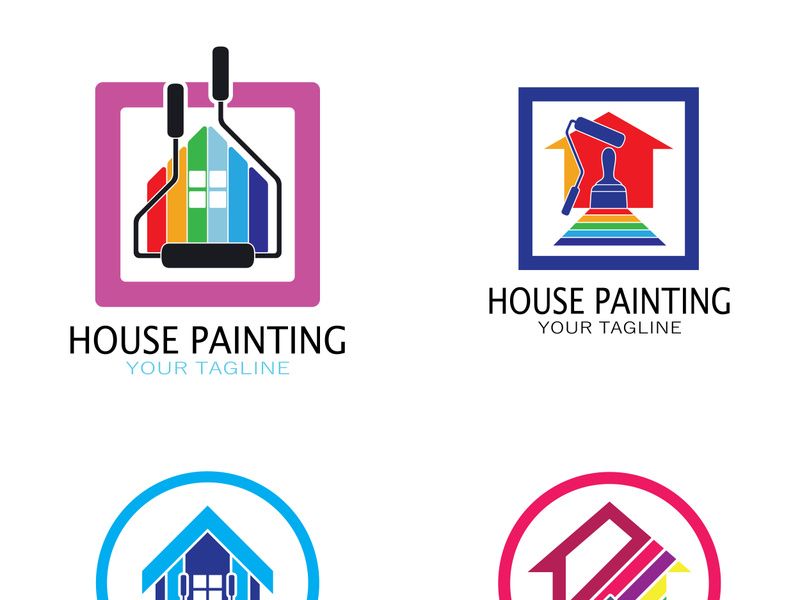 logo icon illustration house paint with a blend of brushes and rollers for house wall paint design, minimalist house, painting, interior, building, property business, wallpaper, vector concept