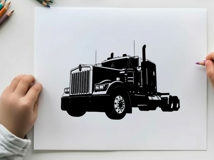 Black silhouette of a large truck with grille and exhaust pipe