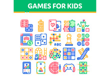 Interactive Kids Games Vector Thin Line Icons Set