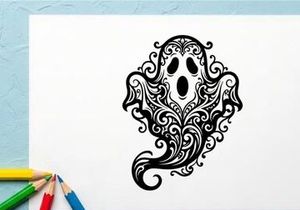 Intricate black and white sugar skull tattoo design for Halloween or Day of the Dead