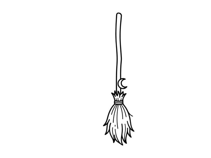 Witch broomstick icon with crescent moon. Magic broom line art for Halloween design.