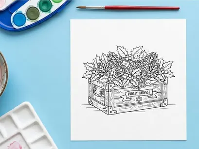 Caja de madera dibujada a mano desbordando adornos navideños blancos helados para decoración de temporada