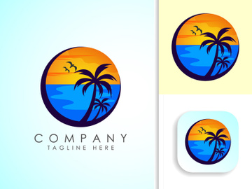 Beach logo design. Sun sunset sunrise with beach ocean sea water logo icon. preview picture