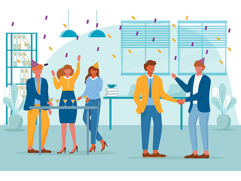 Business team celebrate birthday party flat vector illustration