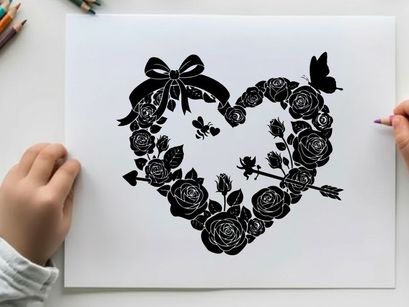 Silhouette heart with roses bow and butterfly