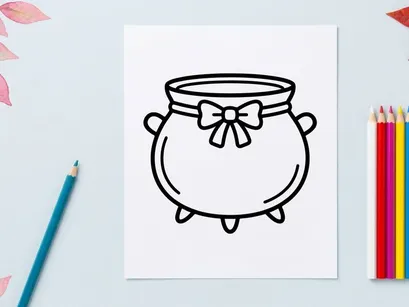 Halloween witch cauldron icon. Cute black line art pot for holiday party design.