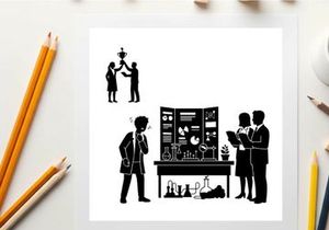 Silhouette of people in a science classroom setting with experiments