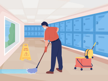 Cleaning school hall flat color vector illustration preview picture