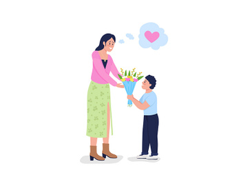 Son giving mother flowers flat color vector detailed characters preview picture