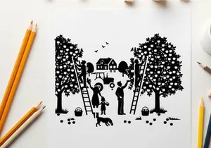 Family harvesting apples in orchard silhouette