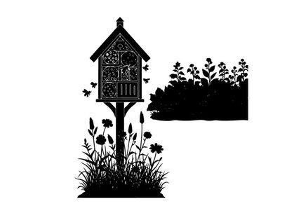 Silhouette of a birdhouse with flowers and trees in the background silhouette