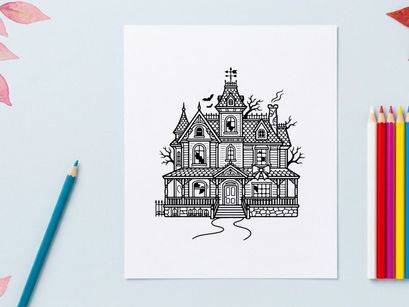 Ilustrasi rumah besar bergaya Victoria berhantu untuk desain Halloween. Rumah gothik menyeramkan dengan pepohonan gundul dan suasana mencekam.