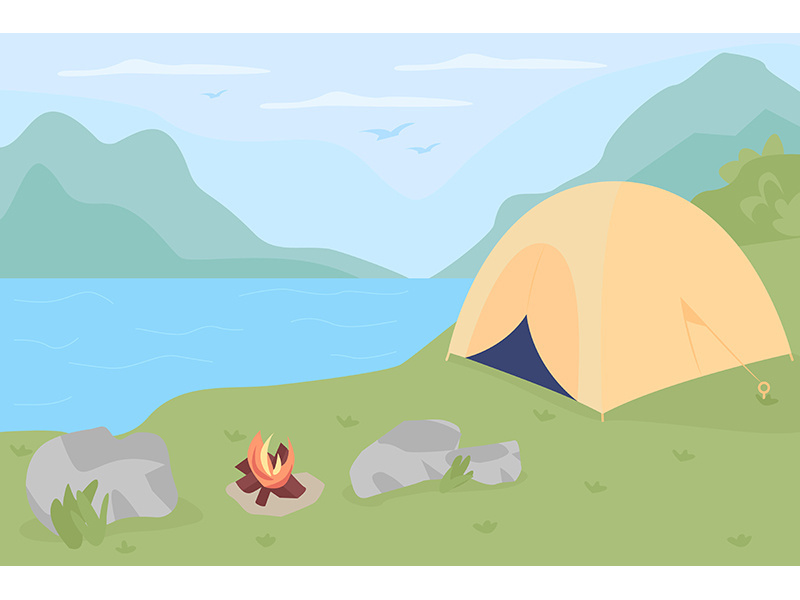Camping spot in wilderness flat color vector illustration