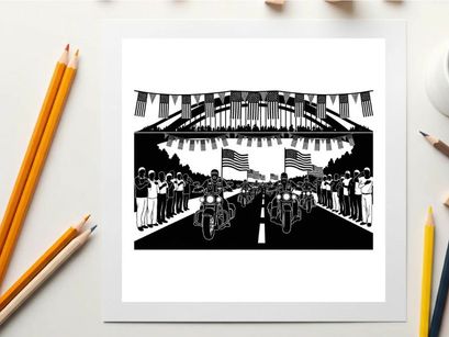 Vintage silhouette of a patriotic parade with american flags waving