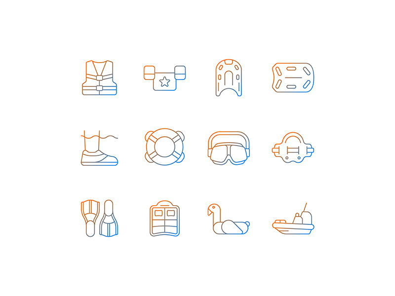 Pool floats and water safety equipment gradient linear vector icons set