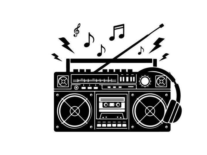 Black silhouette of a boombox with music notes and headphones