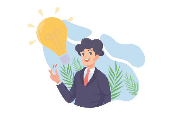 creative man generating new ideas, Cartoon businessman, investor with light bulb. Financial solution and growth concept