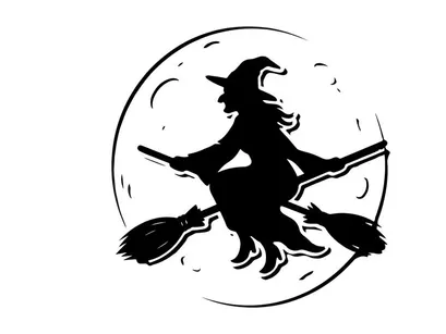 Whimsical witch silhouette flying on broomstick at moonlit night
