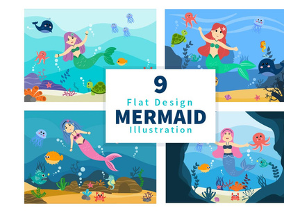 9 Mermaid And Cute Sea Animals Illustration