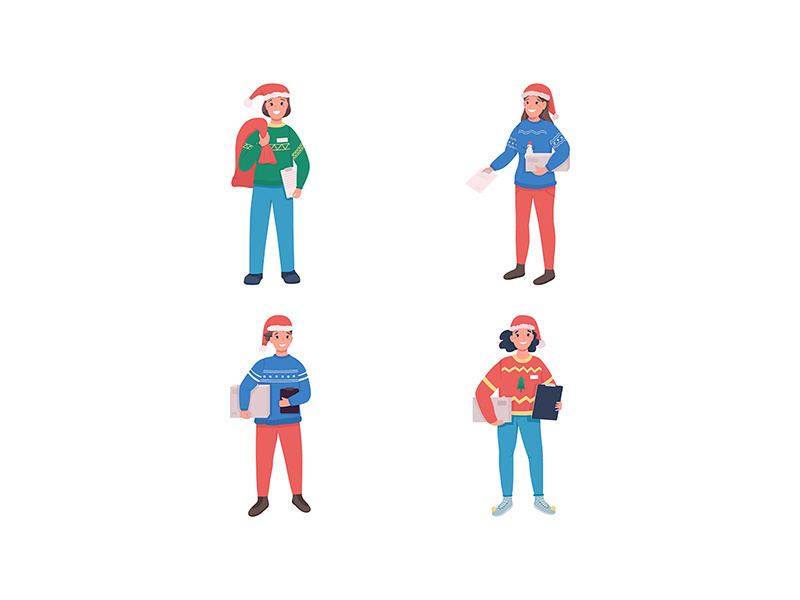 Holiday delivery courier flat color vector character set