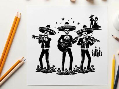 Day of the dead mariachi skeleton silhouette artwork