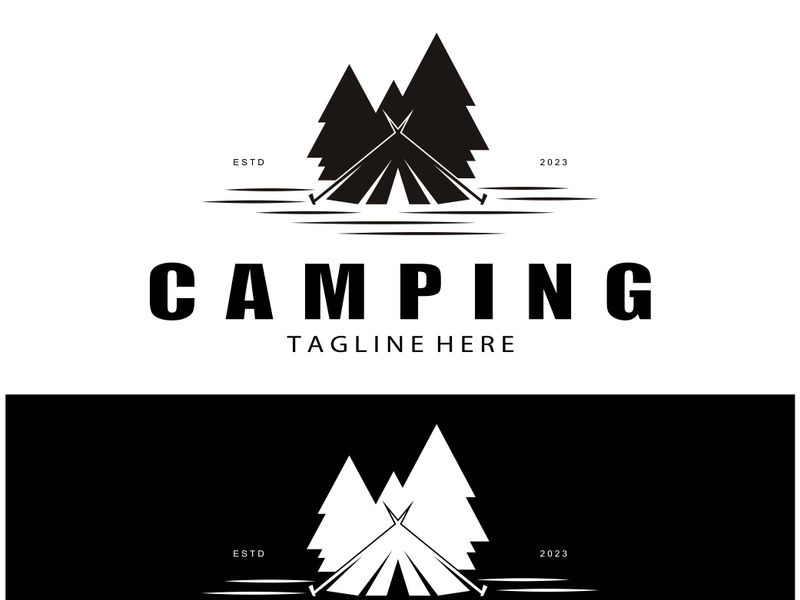 vintage and retro tent logo, camping. With tent, tree and bonfire sign. adventurers, scouts, climbers, camping equipment center