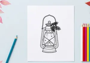 Christmas lantern line art illustration with pine branches and candle for holiday decor