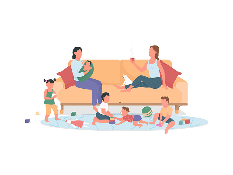 Two mothers with children rest at home flat color vector faceless characters