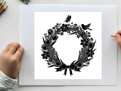 Silhouette of a floral wreath with birds and bow