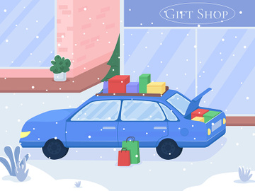 Auto with purchased gifts flat color vector illustration preview picture