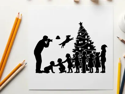 Christmas silhouette of family decorating tree with children and dog