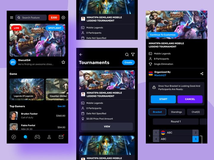 Gaming Tournaments Mobile App UI Kit.