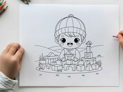 Cute baby playing with wooden blocks vector illustration