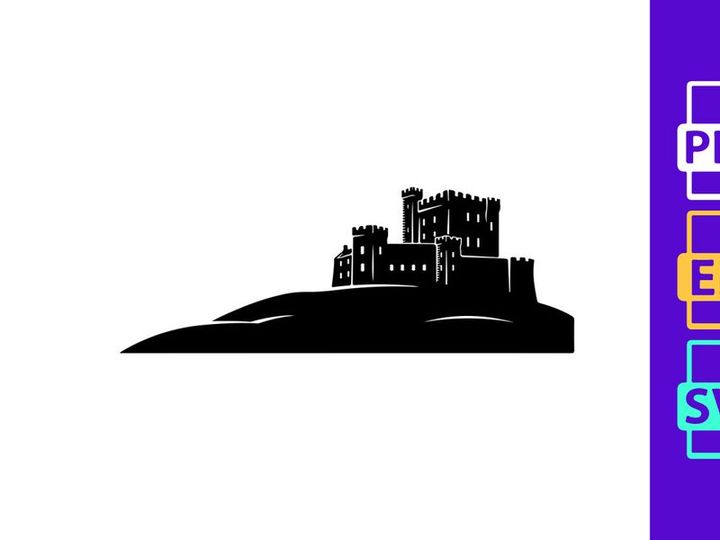 Medieval castle silhouette on hill at dusk minimalist art