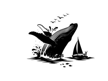 Whale silhouette breaching ocean with sailboat and seagulls silhouette preview picture