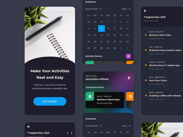 Dark Mode Calendar Design App UI Kit