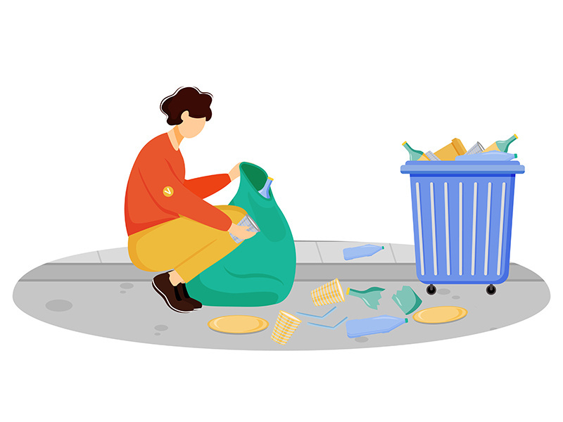 Community worker cleaning trash flat vector illustration