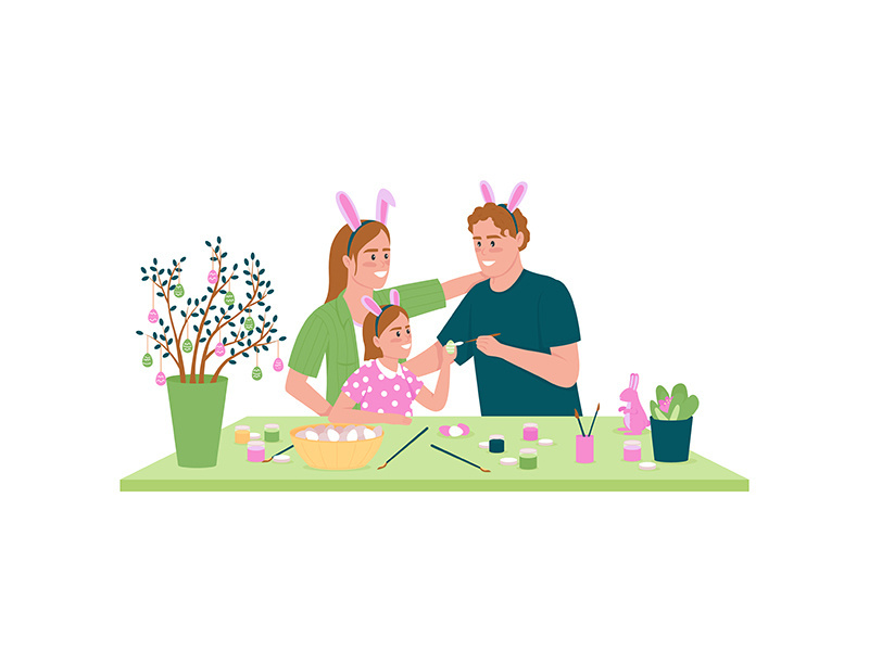 Happy family decorating easter eggs flat color vector detailed character