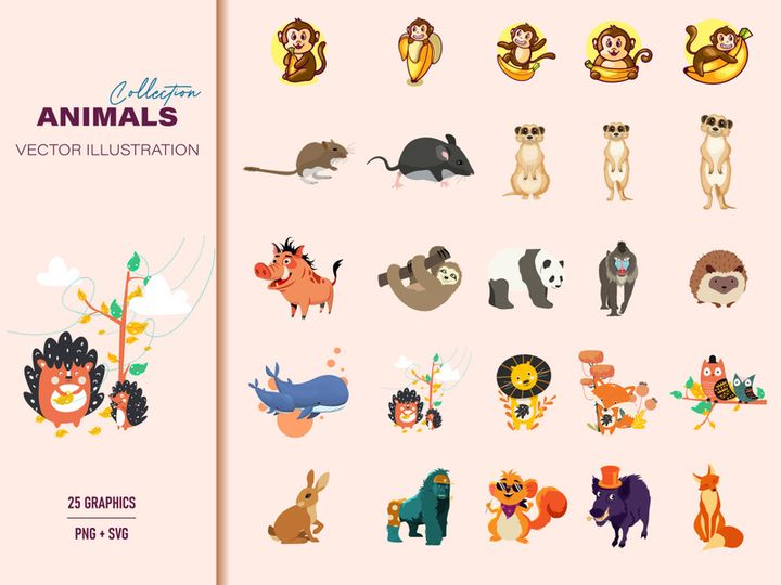 Set of comic animals, cartoon character animals vector illustration collection.