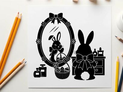 Easter bunny silhouette admires reflection in ornate mirror with bow