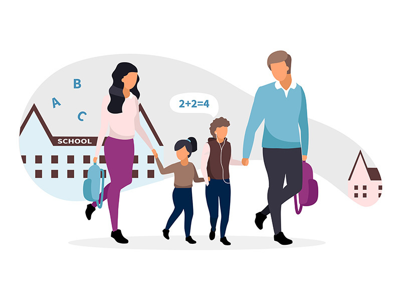 Young parents taking children from school flat illustration