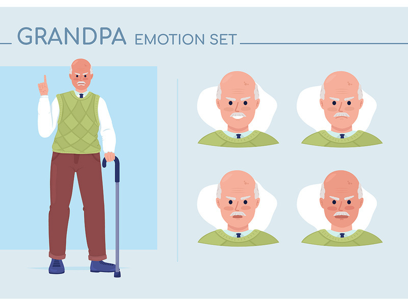 Furious old man semi flat color character emotions set