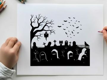 Spooky silhouette graveyard scene with bats and bare tree preview picture