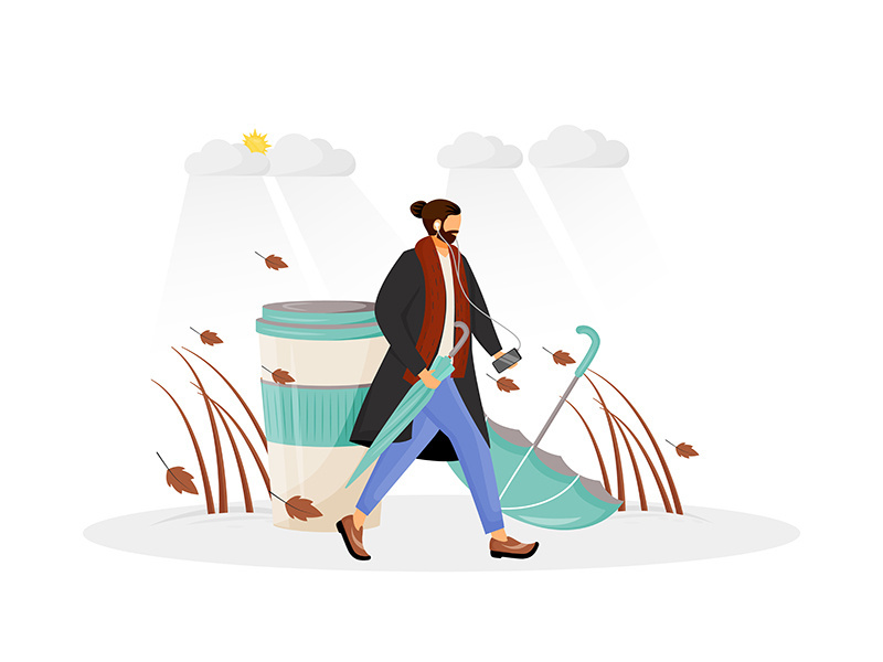 Man in coat go for walk flat concept vector illustration