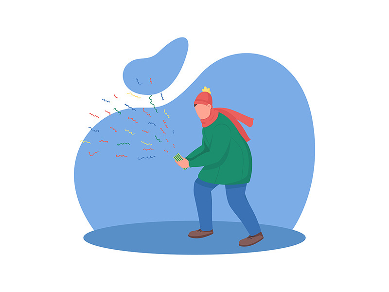 Guy with confetti cracker flat color vector faceless character