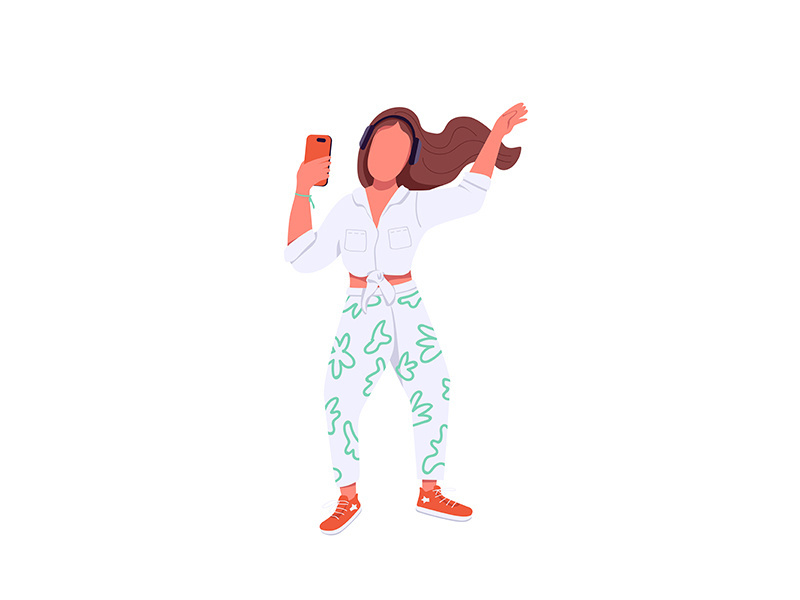 Teenager dancing in headphones flat color vector faceless character