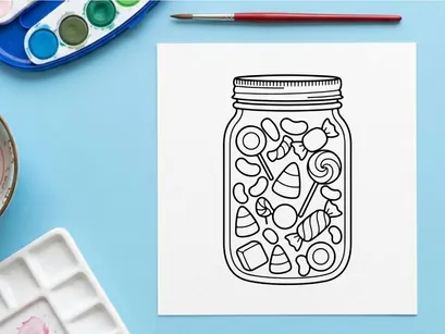 Halloween candy jar line art. Hand drawn sweets in a glass container for holiday coloring.
